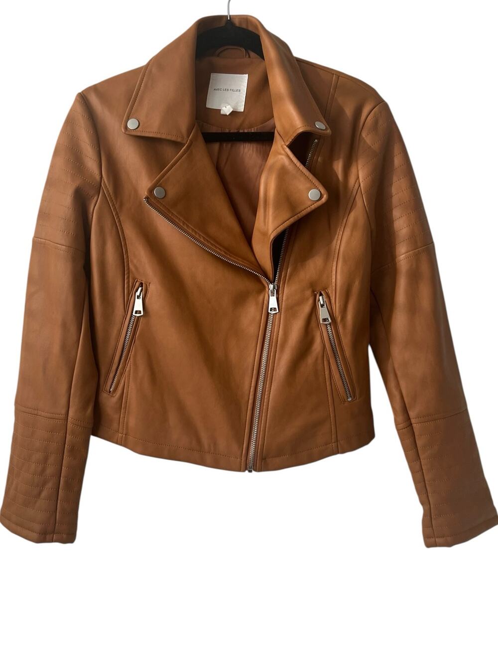 Avec les Filles Cognac Caramel Zip Up Moto Jacket Size S